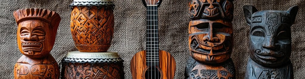 drums, guitar, and statues to represent art in Kauai