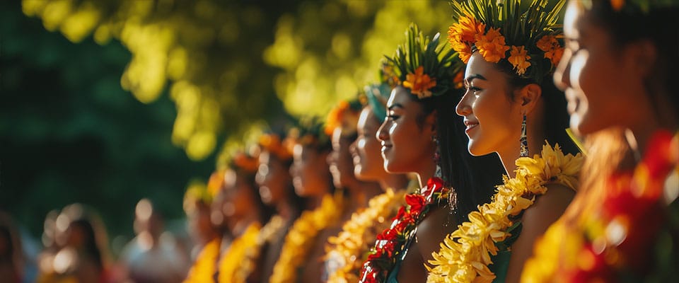group of women in luau attire