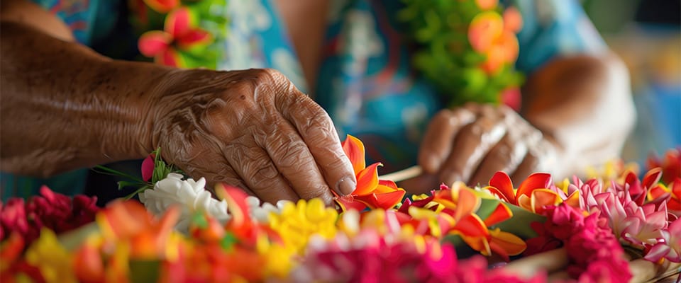man making a flower necklace or lei